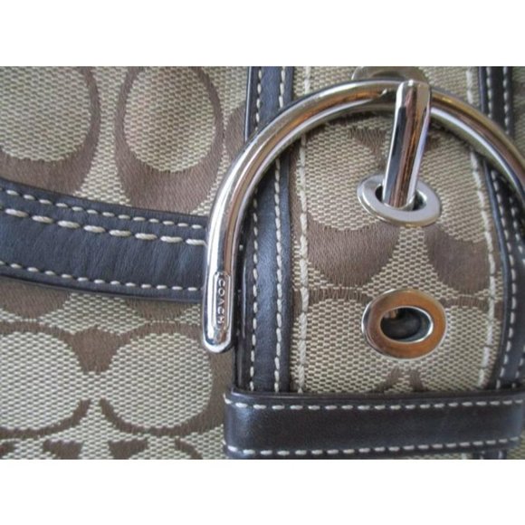 Coach Logo Leather Trim Flap Shoulder Tan Canvas Hobo Bag - Picture 6 of 9